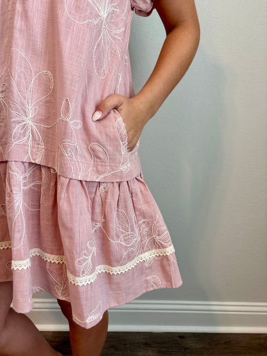 Embroidered Puff Sleeve Mini Dress