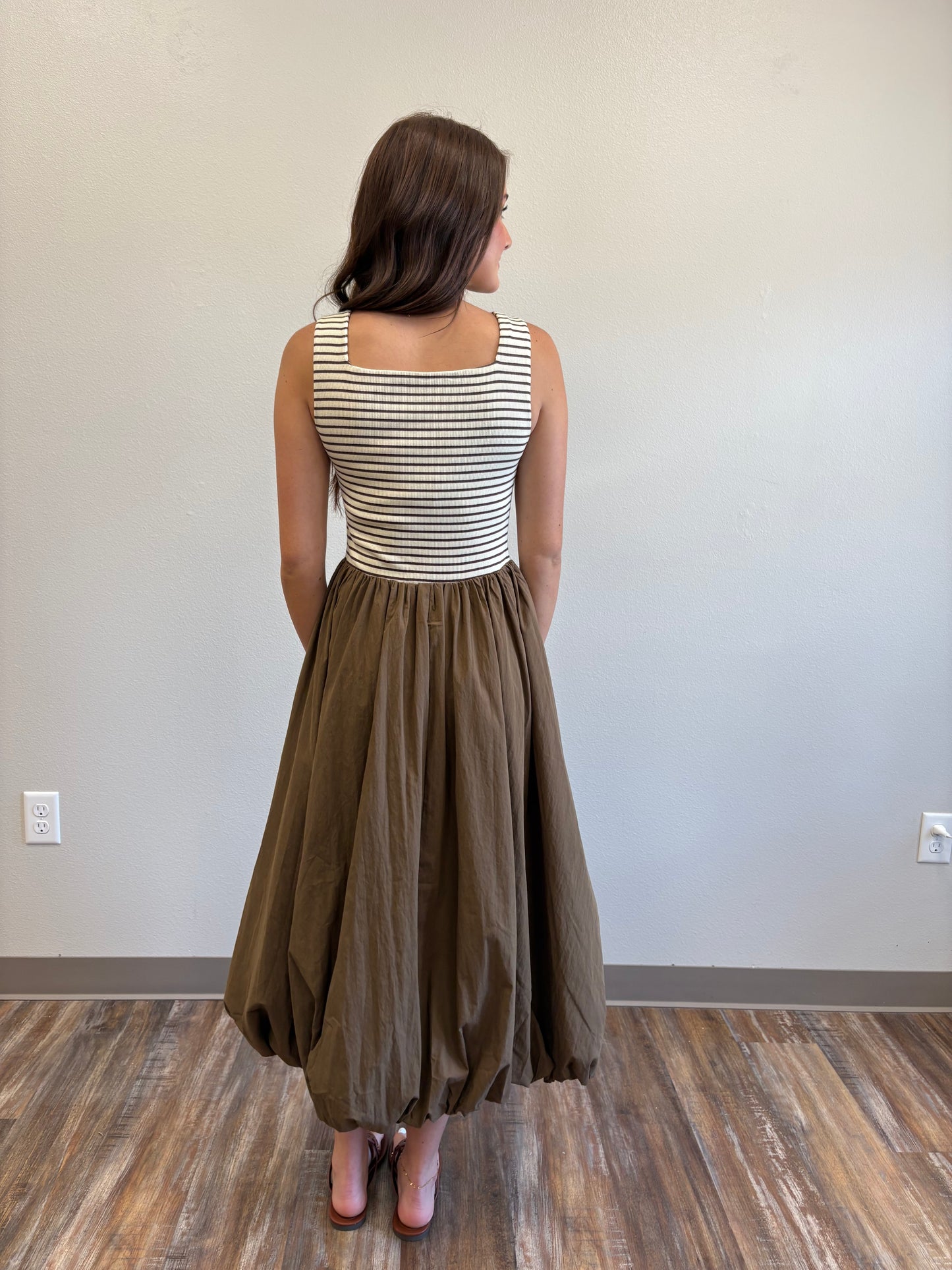Striped Brown Bubble Midi Dress