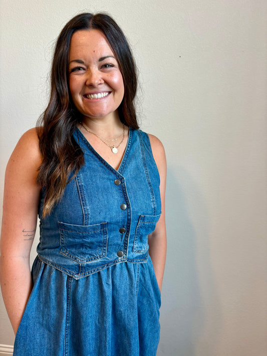 Denim Vest-Detail Midi Dress