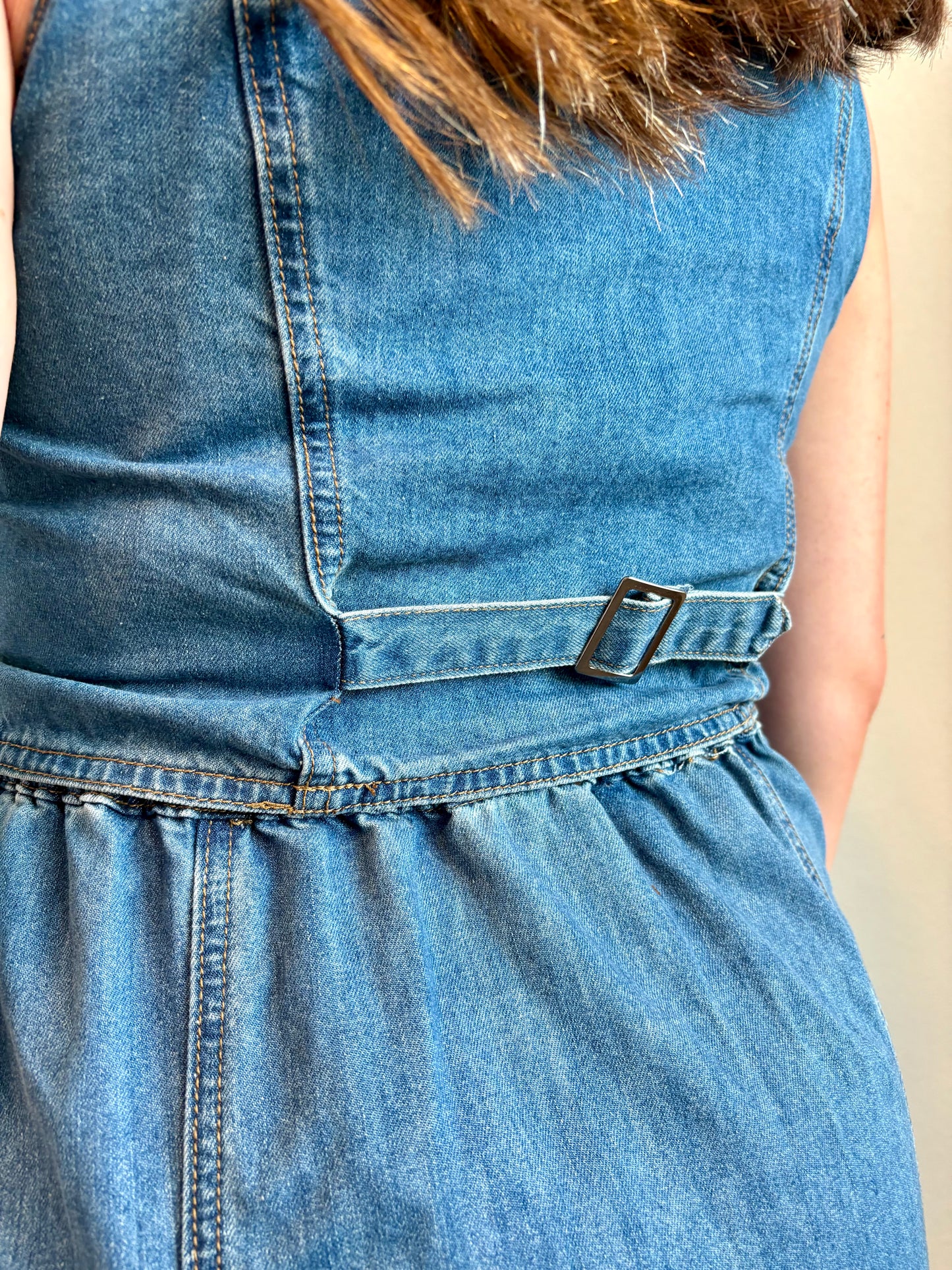 Denim Vest-Detail Midi Dress