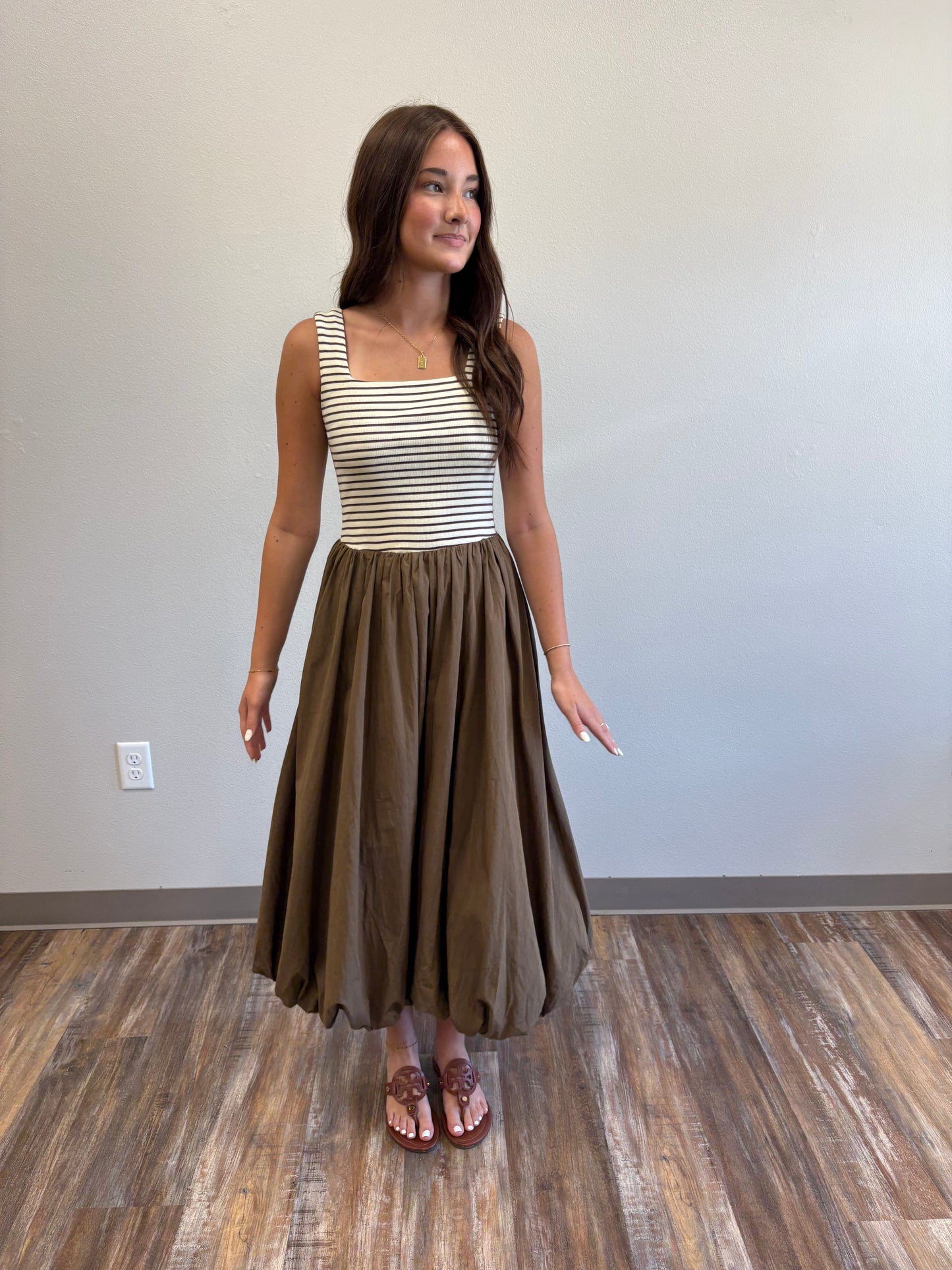 Striped Brown Bubble Midi Dress