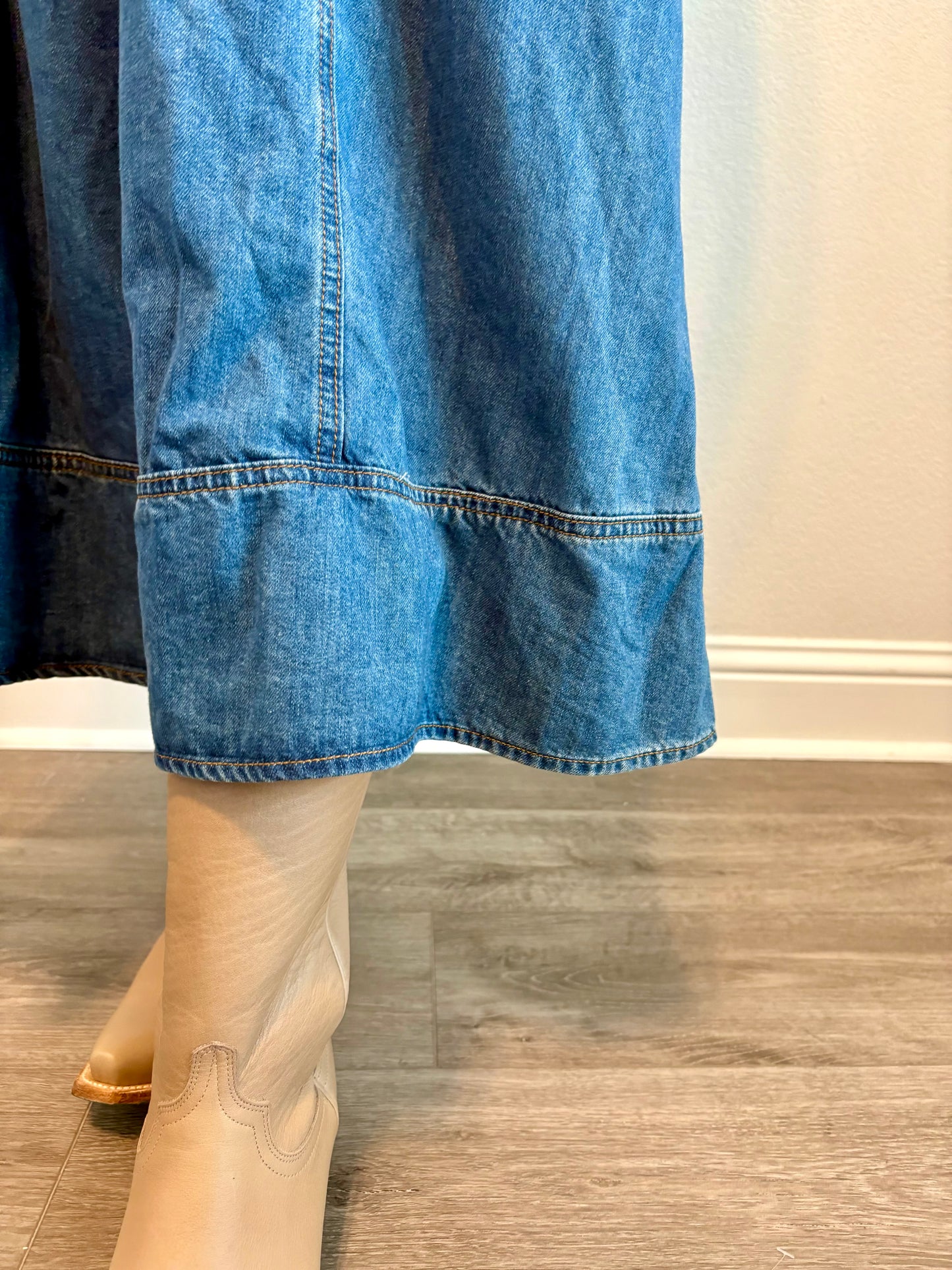 Denim Vest-Detail Midi Dress
