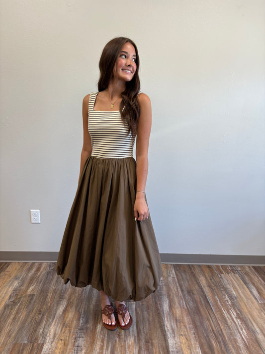Striped Brown Bubble Midi Dress