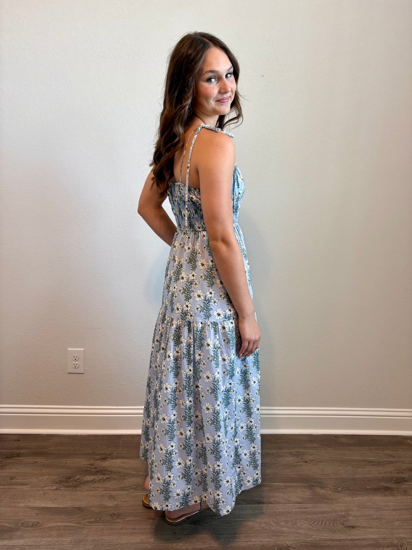 Kandice Floral Tie-Strap Smocked Maxi Dress