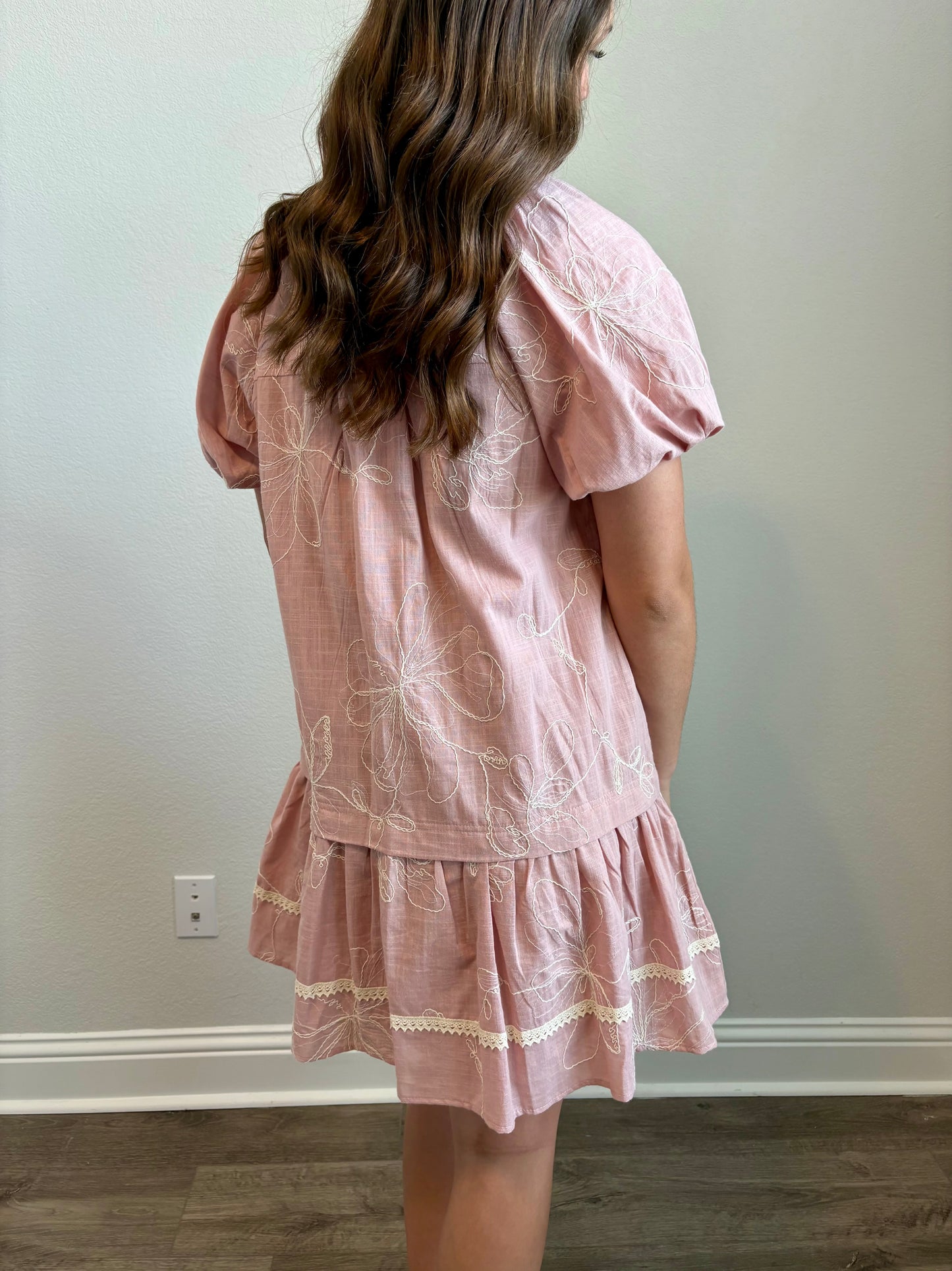 Embroidered Puff Sleeve Mini Dress