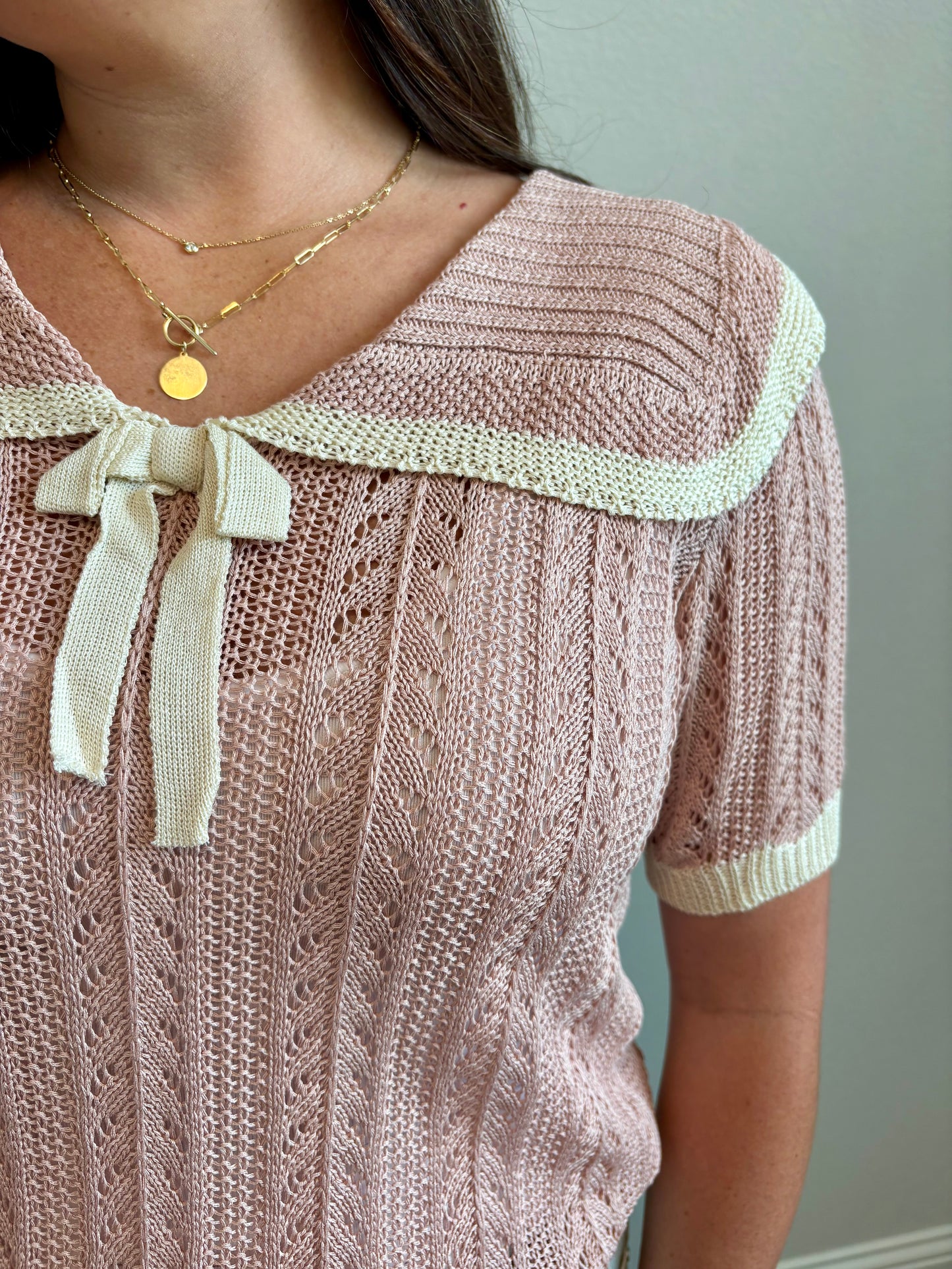 Eileen Knit Sailor-Collar Ribbon Top