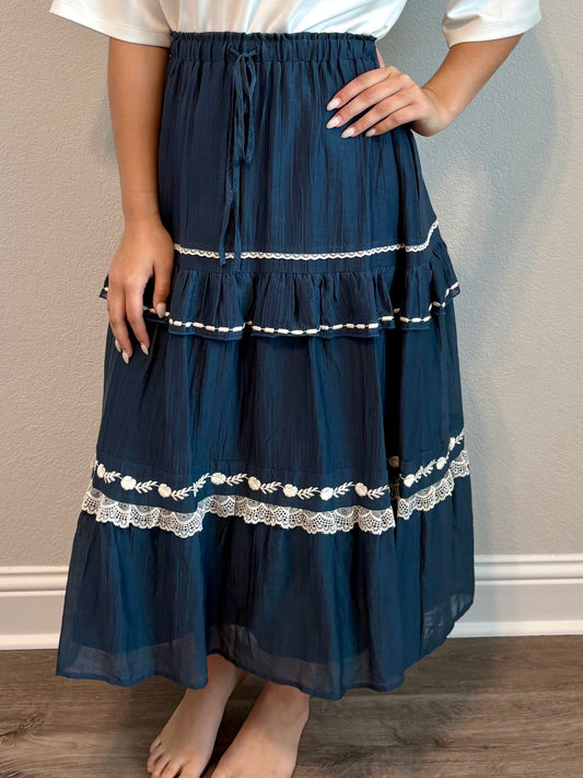 Embroidered Tiered Maxi Skirt