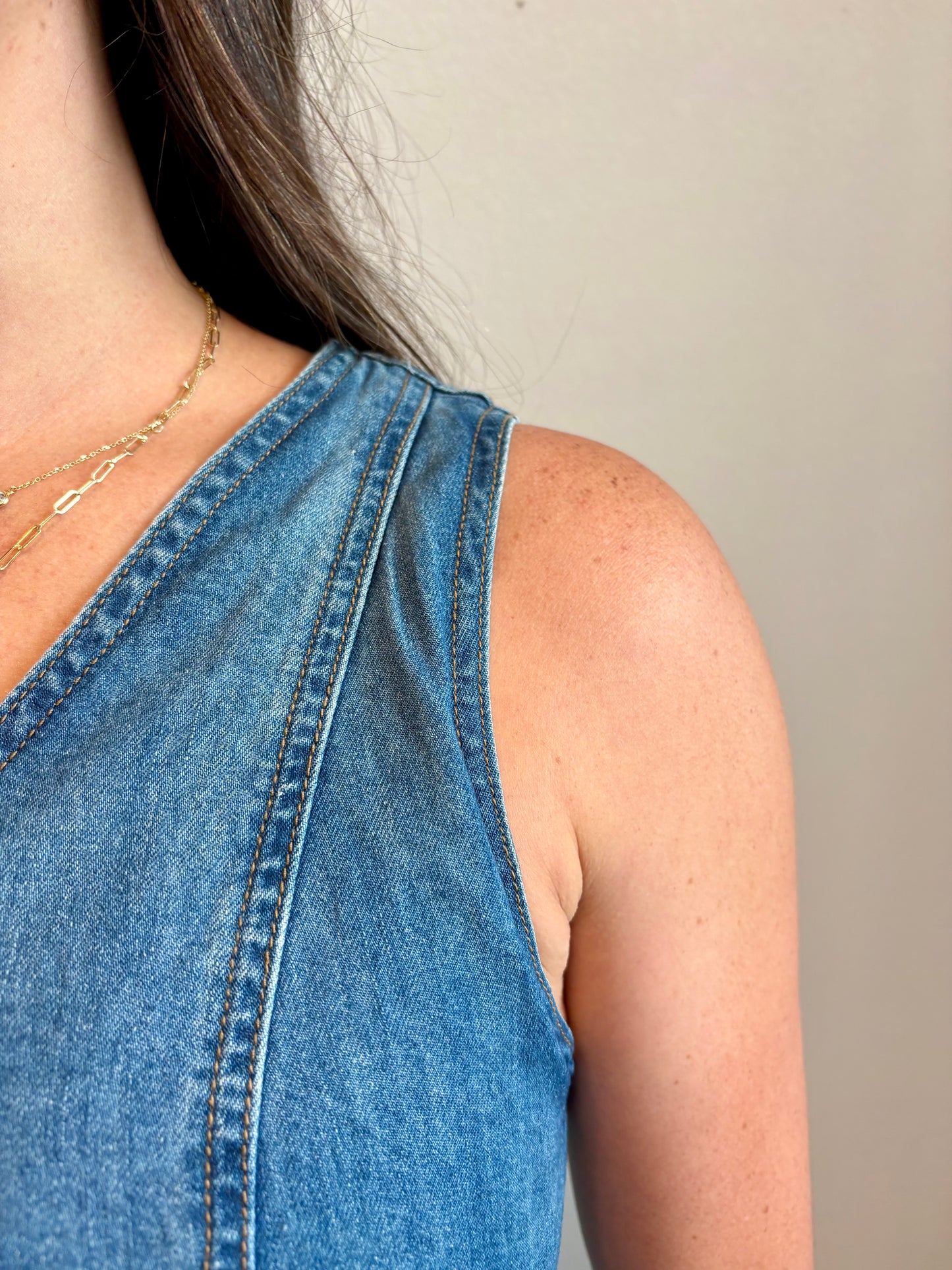 Denim Vest-Detail Midi Dress