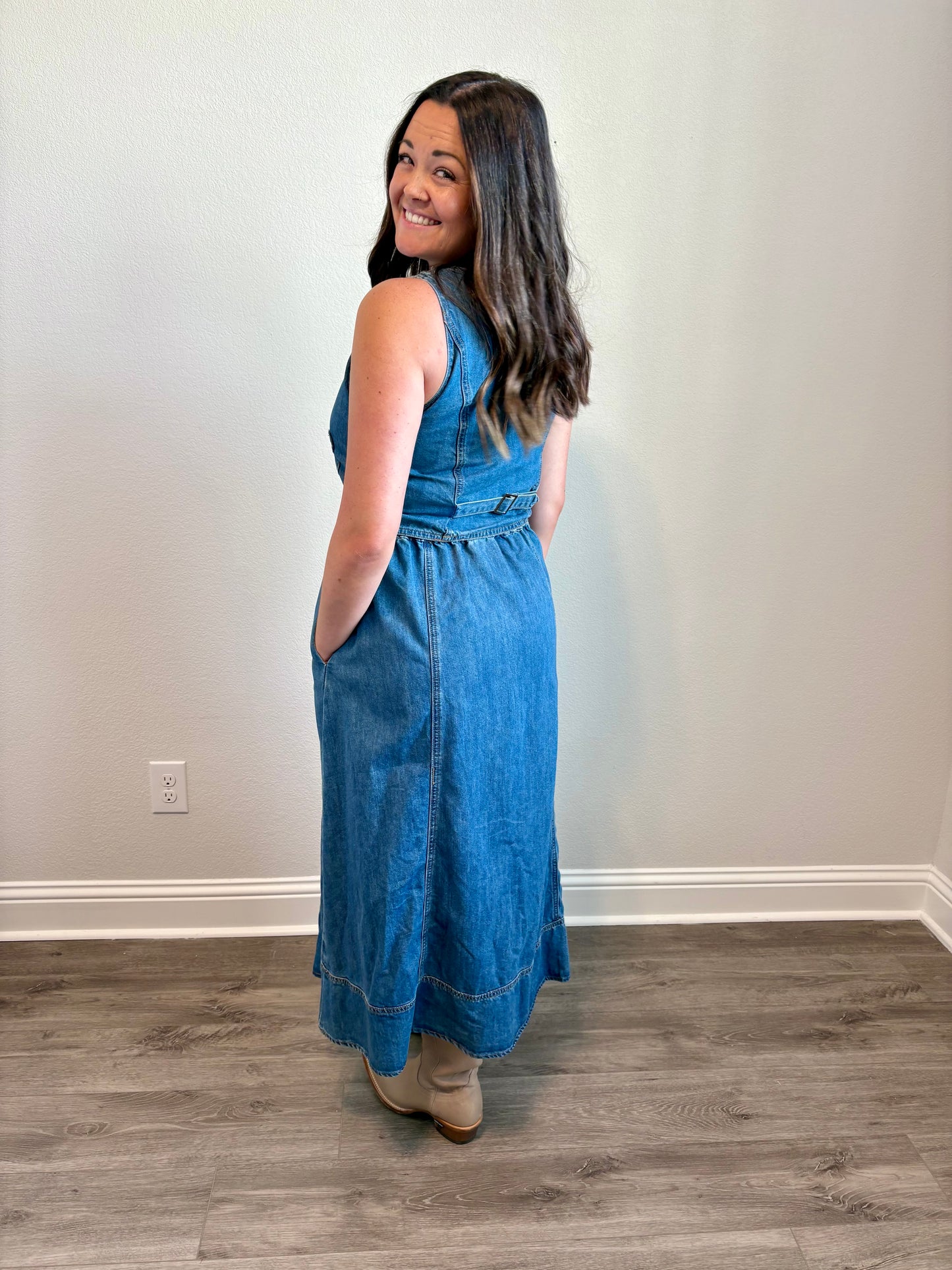 Denim Vest-Detail Midi Dress