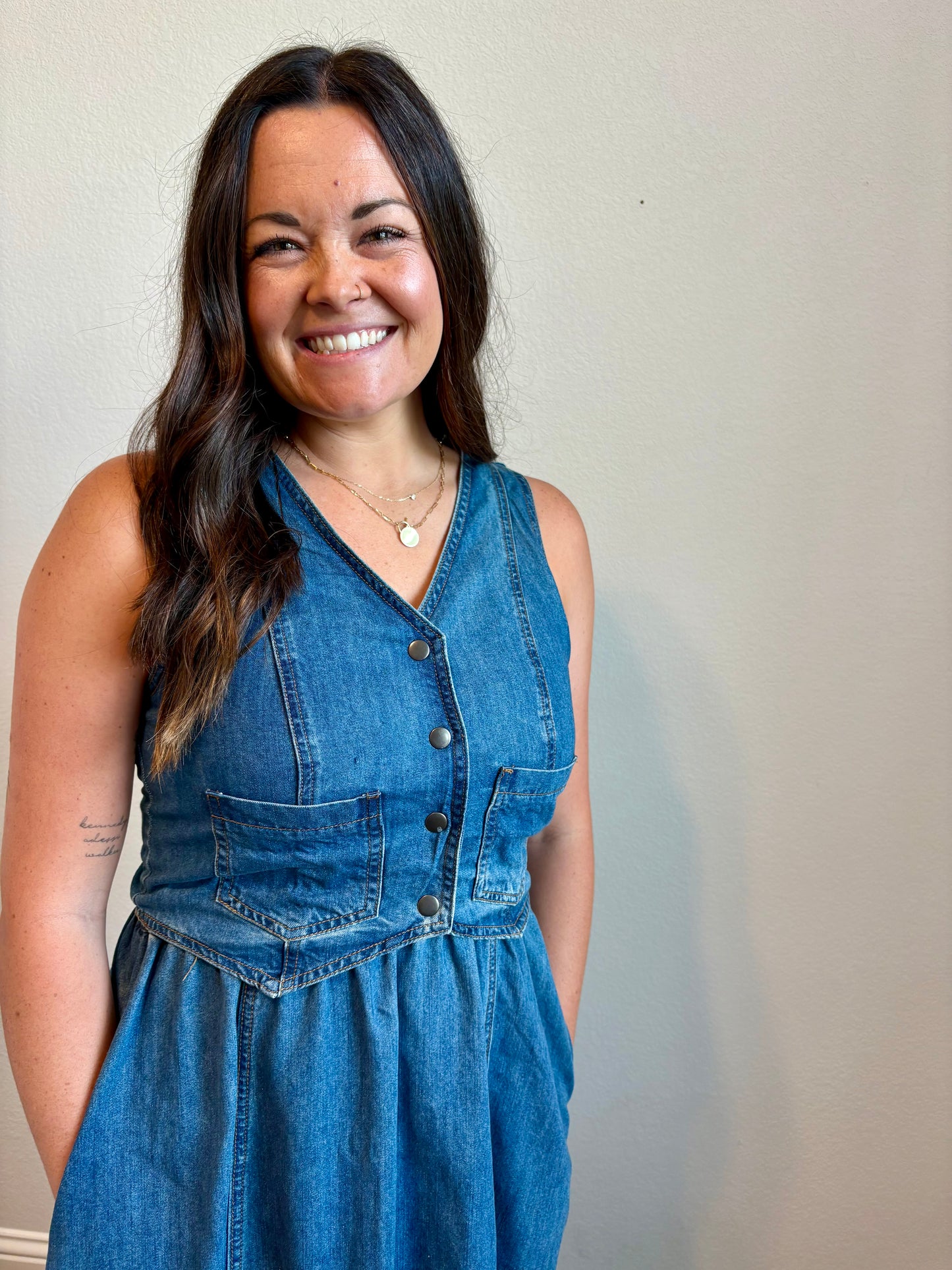 Denim Vest-Detail Midi Dress