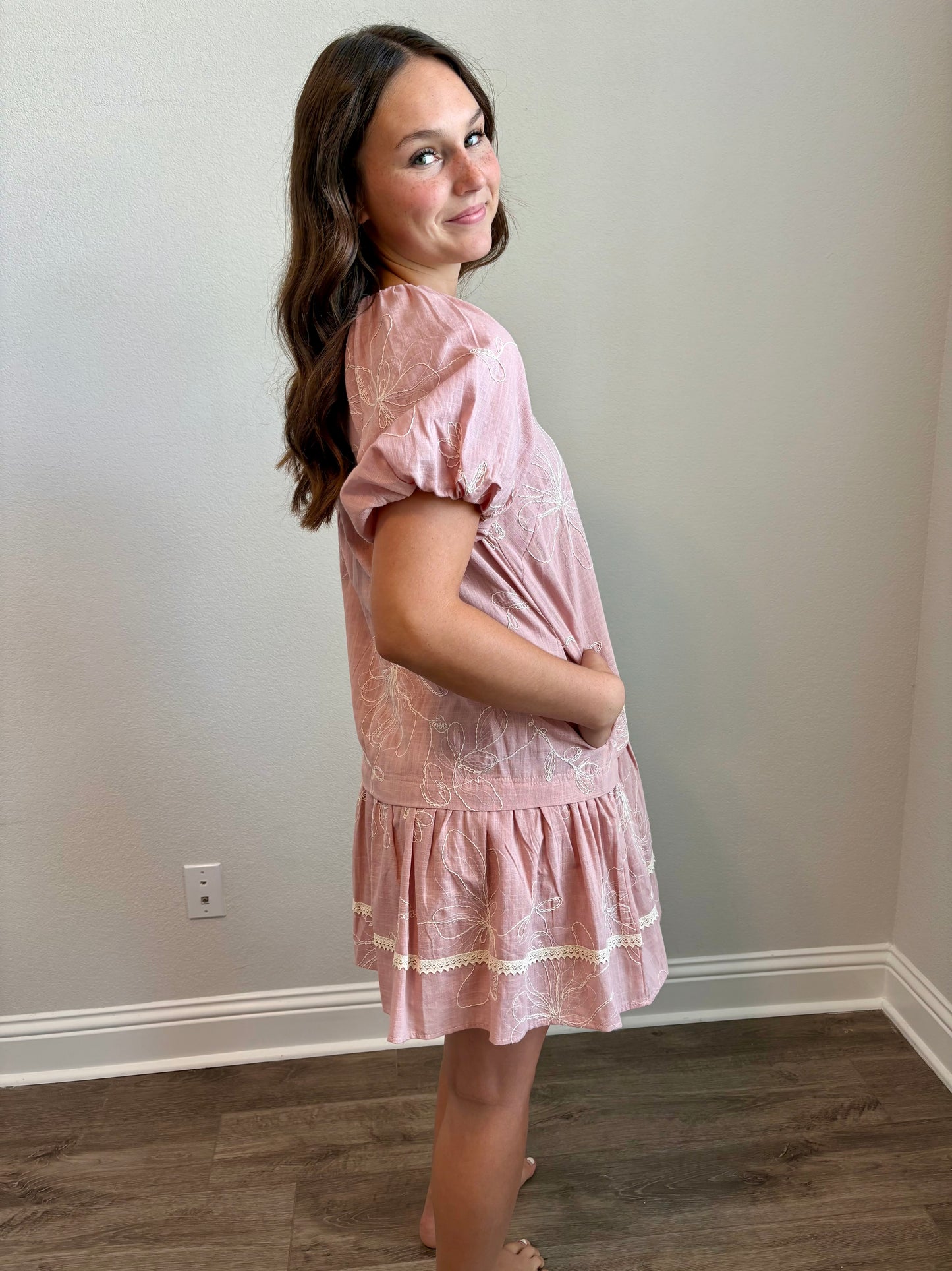 Embroidered Puff Sleeve Mini Dress