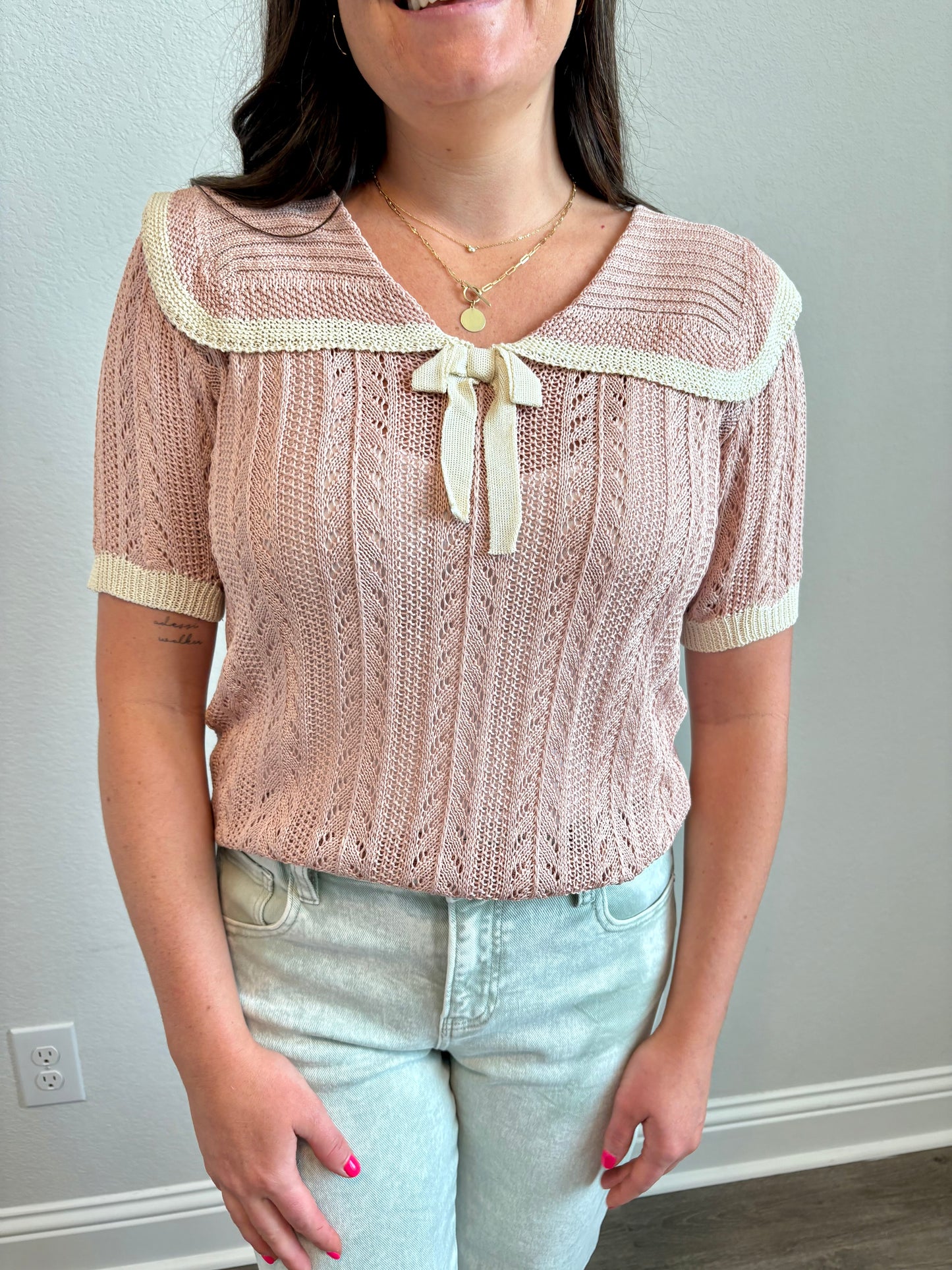 Eileen Knit Sailor-Collar Ribbon Top