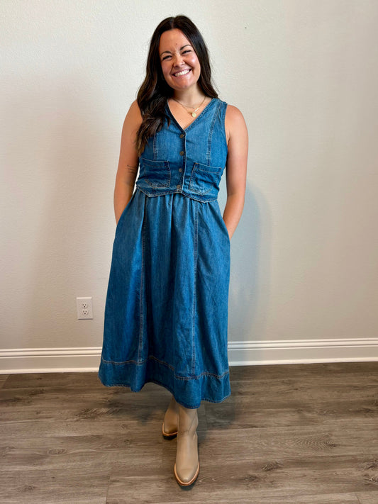 Denim Vest-Detail Midi Dress