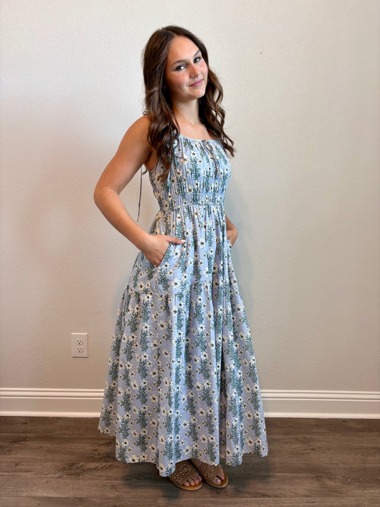 Kandice Floral Tie-Strap Smocked Maxi Dress